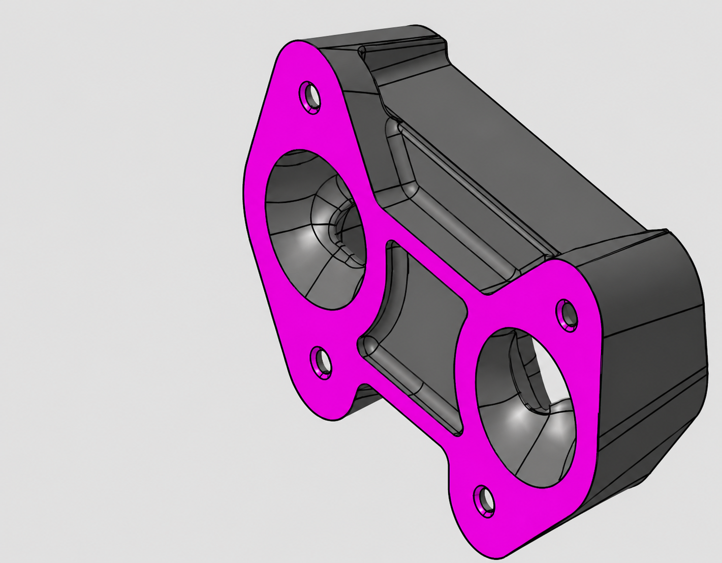 Detailed CAD model of the supercharger-to-carburettor adapter with highlighted mating faces