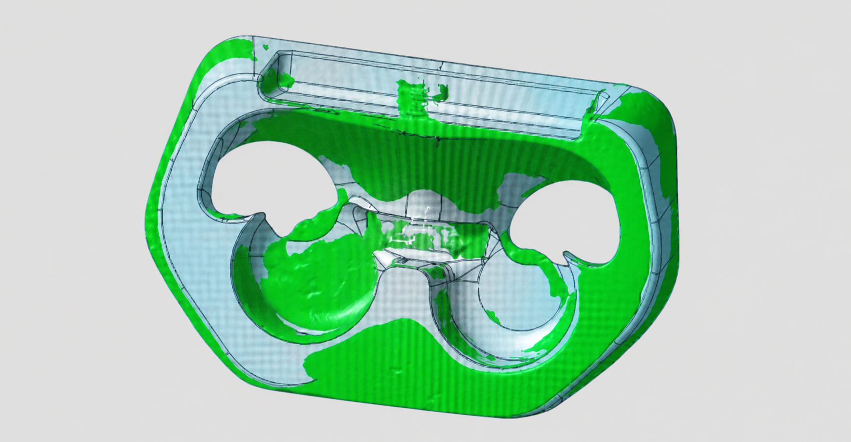 Scan data overlaid with reconstructed CAD geometry for the supercharger-to-carburettor adapter